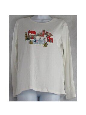 Holiday Lane Women's Petite Long-Sleeve T-Shirt, Angel White Winter Village, PM